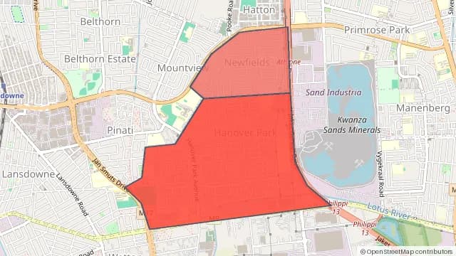 Map of areas affected by the water outage around Hanover Park