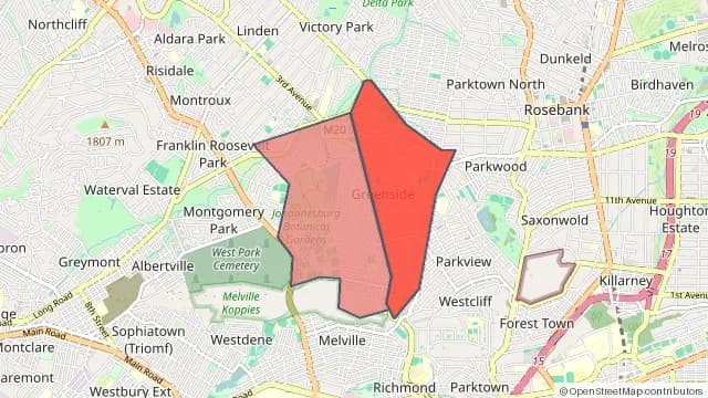 Map of areas affected by the water outage around Emmarentia