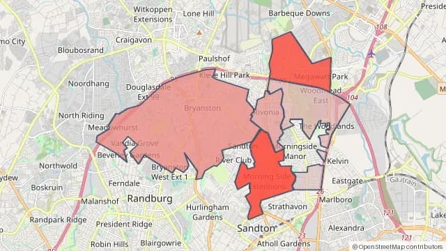 Map of areas affected by the water outage around Bryanston