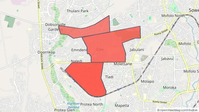 Map of areas affected by the water outage around Dobsonville Ext 3
