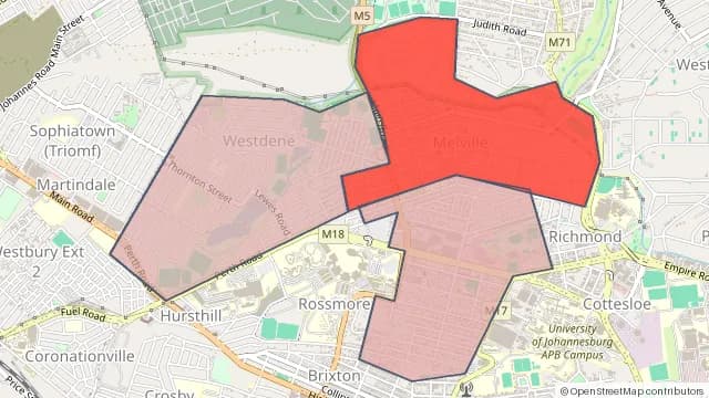 Map of areas affected by the water outage around Auckland Park