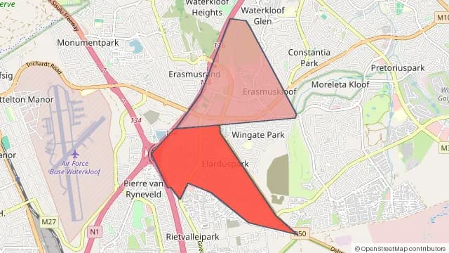 Map of areas affected by the water outage around Elarduspark
