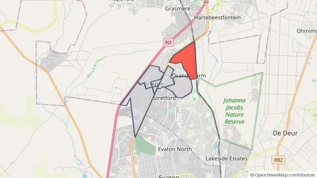 Map of areas affected by the power outage around Drie Ziek Ext 1