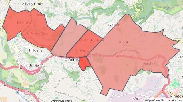 Map of areas affected by the power outage around Chelmsfordville