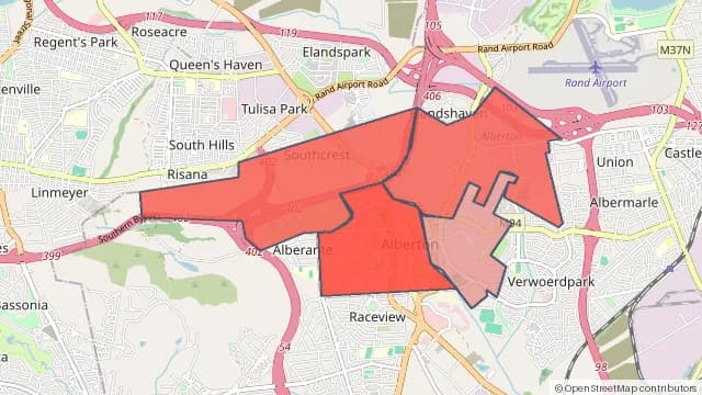 Map of areas affected by the power outage around Alberton