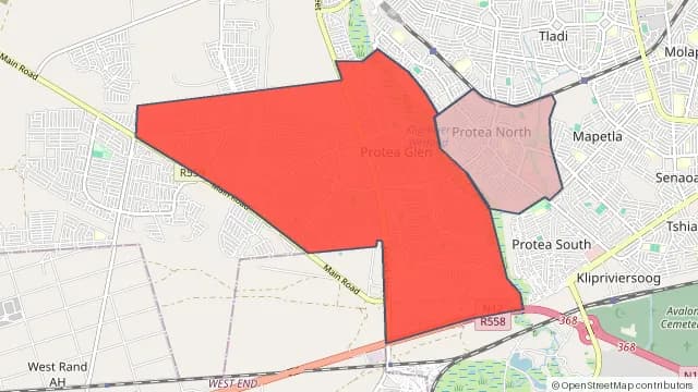 Map of areas affected by the power outage around Protea Glen